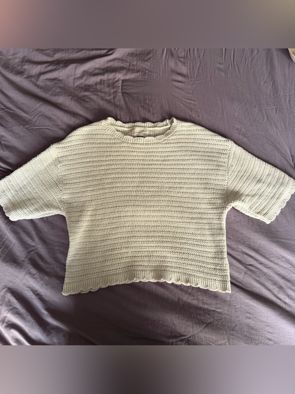 Universal Thread Cream Short-Sleeve Scalloped Crochet Sweater